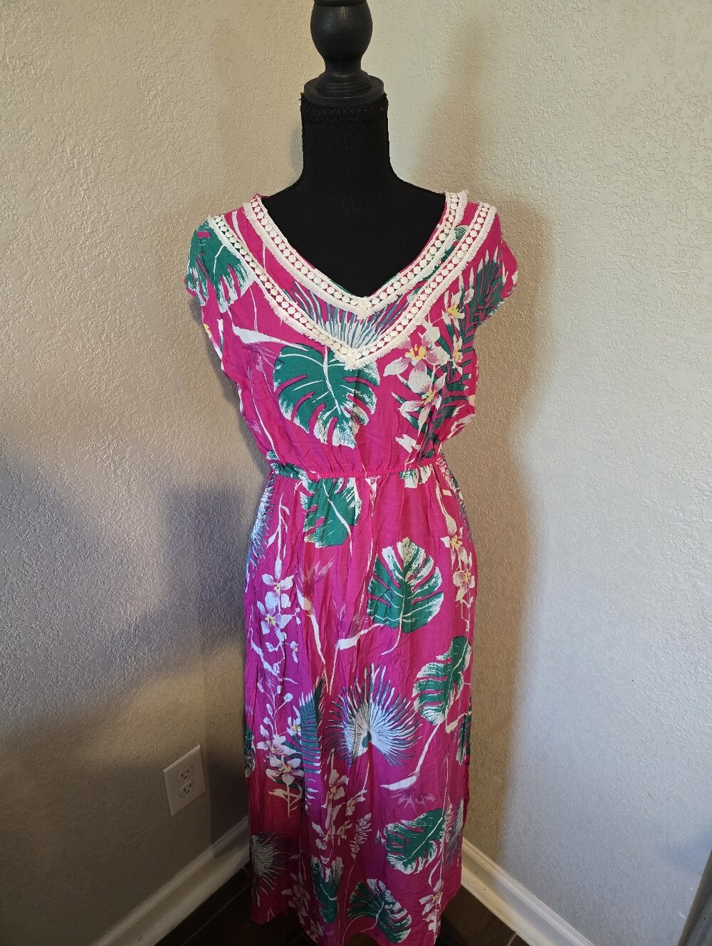 Fuchsia Floral Maxi Dress with Crochet V-Neck